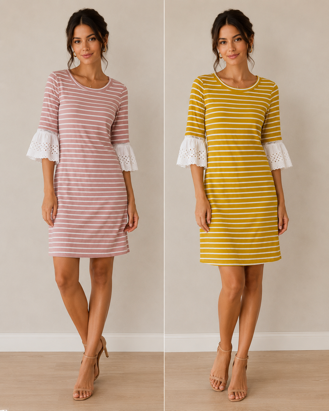 Striped T-shirt Dress W/ Eyelet Bell Sleeves
